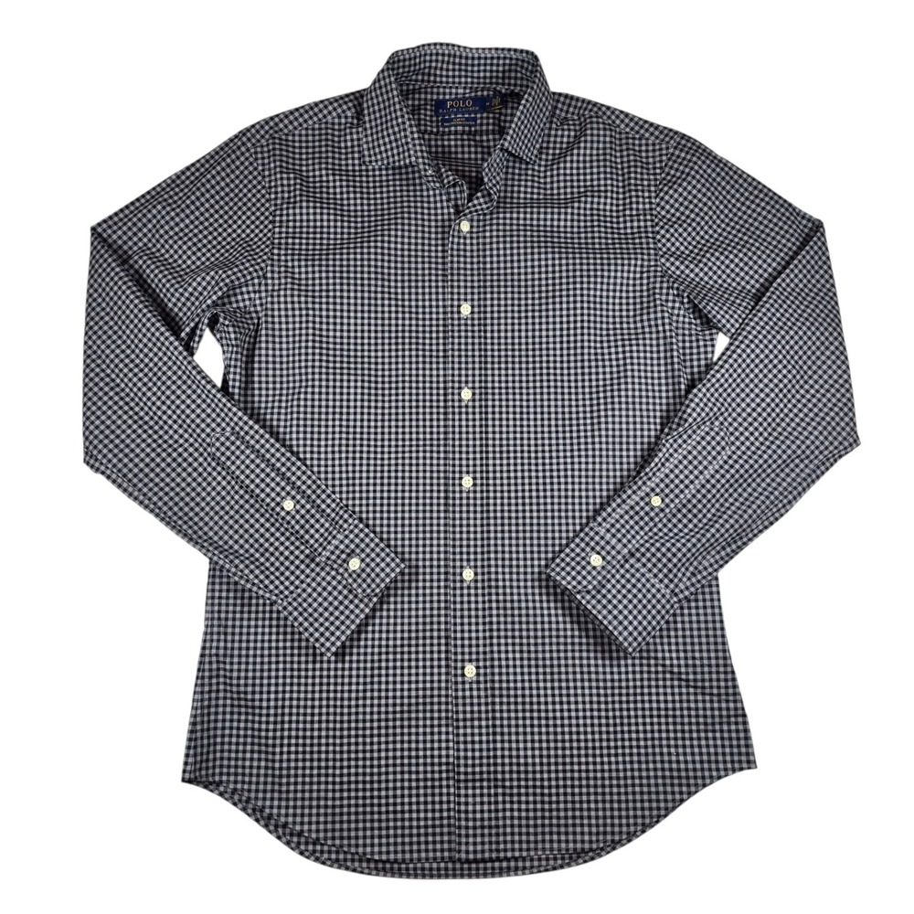 Polo Ralph Lauren Cutaway Gray Black Checked Slim Fit Stretch L/S Shirt Men's M